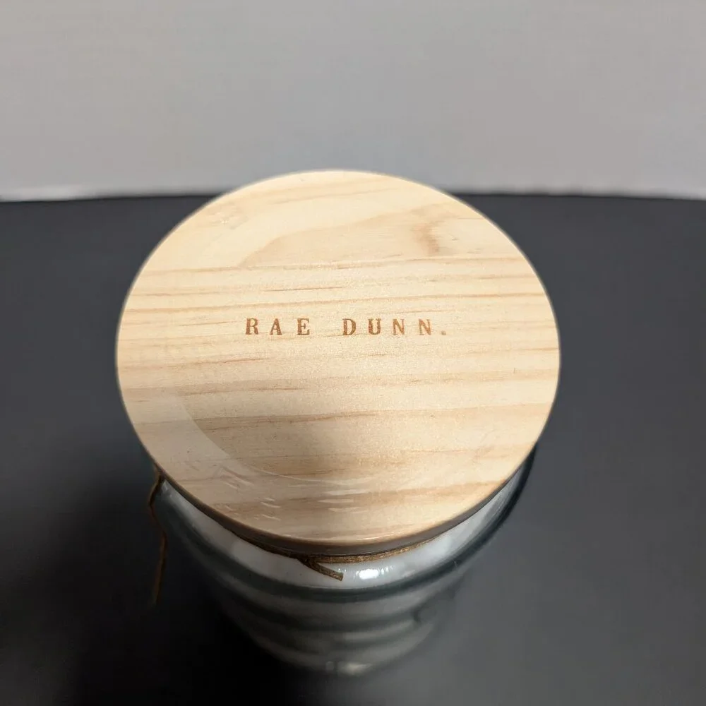 Rae Dunn 2020 Cotton Balls Clear Glass Jar Wooden‎ Lid New Bathroom Canister